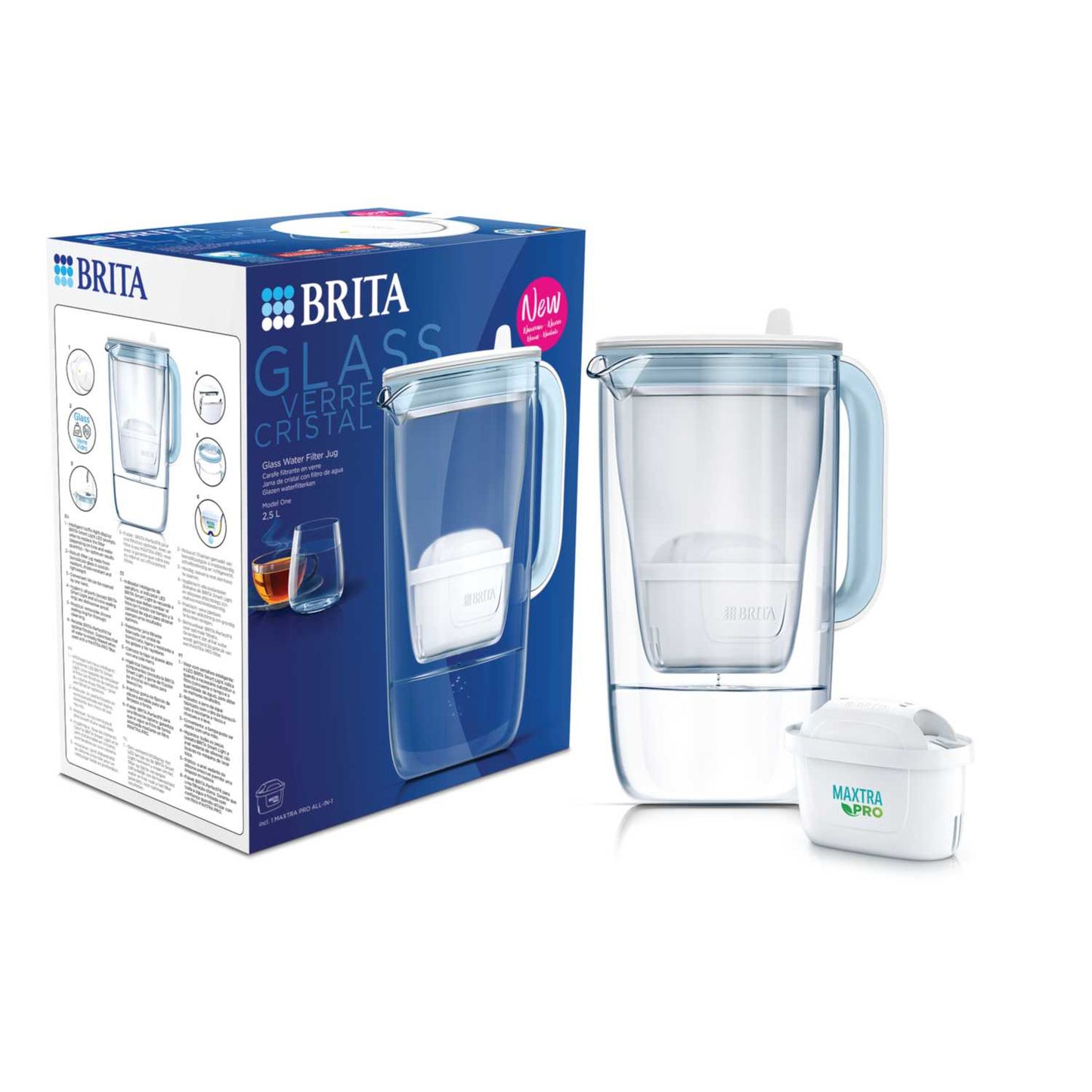 2.5L GLASS WATER FILTER JUG LIGHT BLUE 1 CARTRIDGE