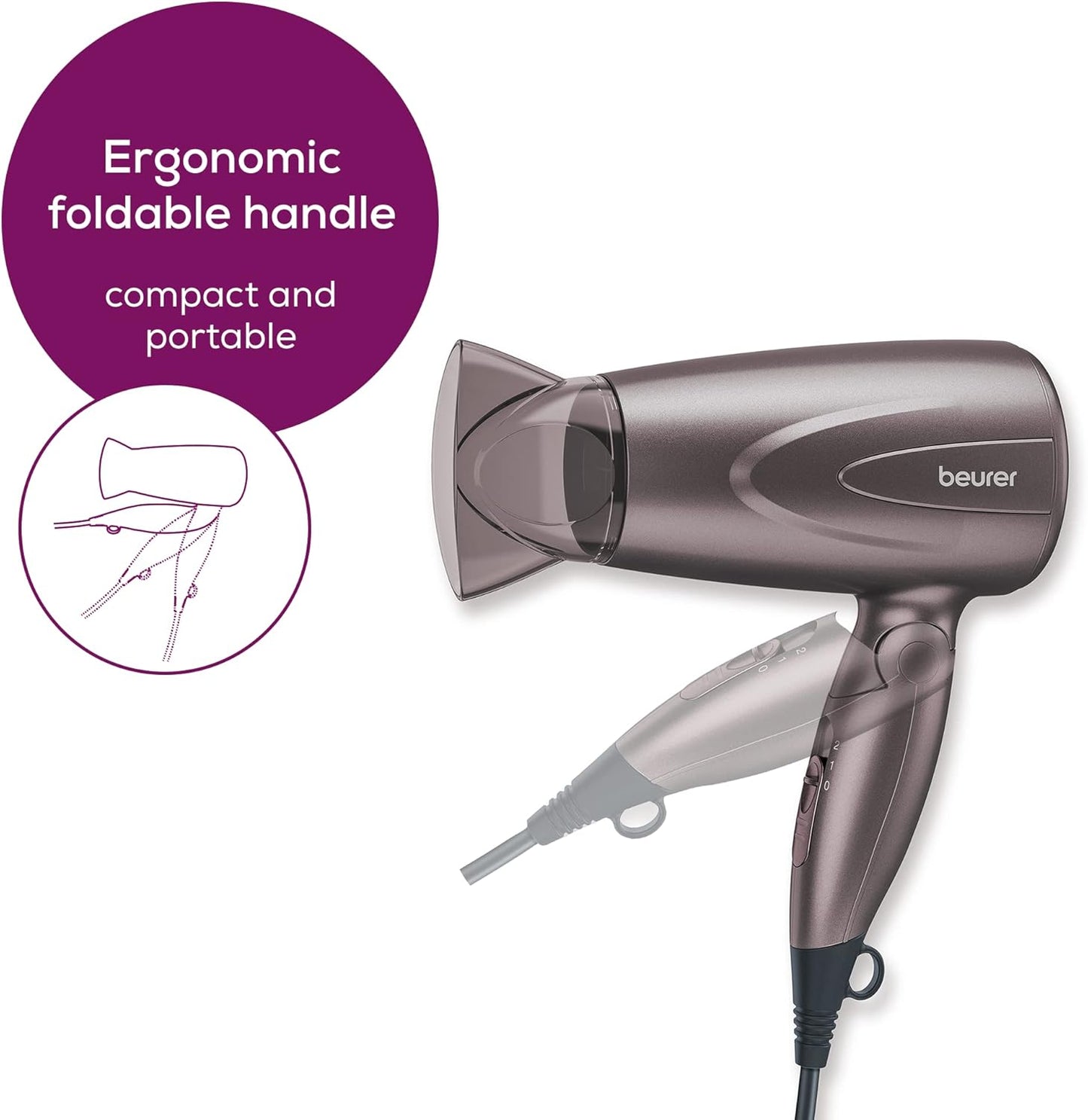 TRAVEL HAIR DRYER WITH FOLDING HANDLE