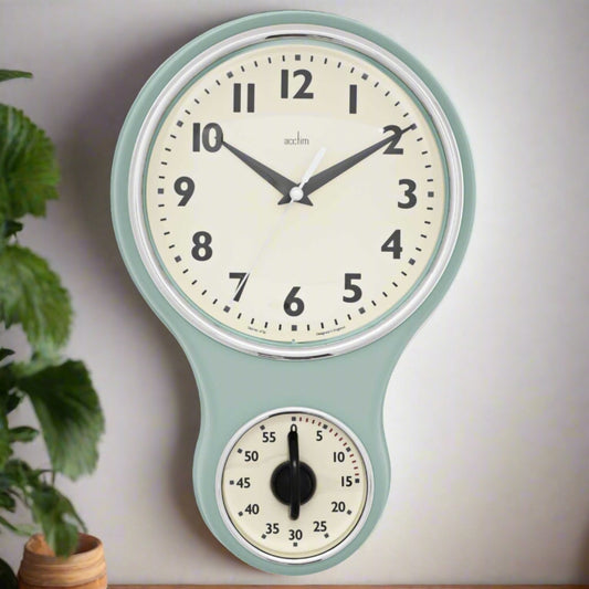 KITCHENTIME RETRO WALL CLOCK WITH TIMER SAGE