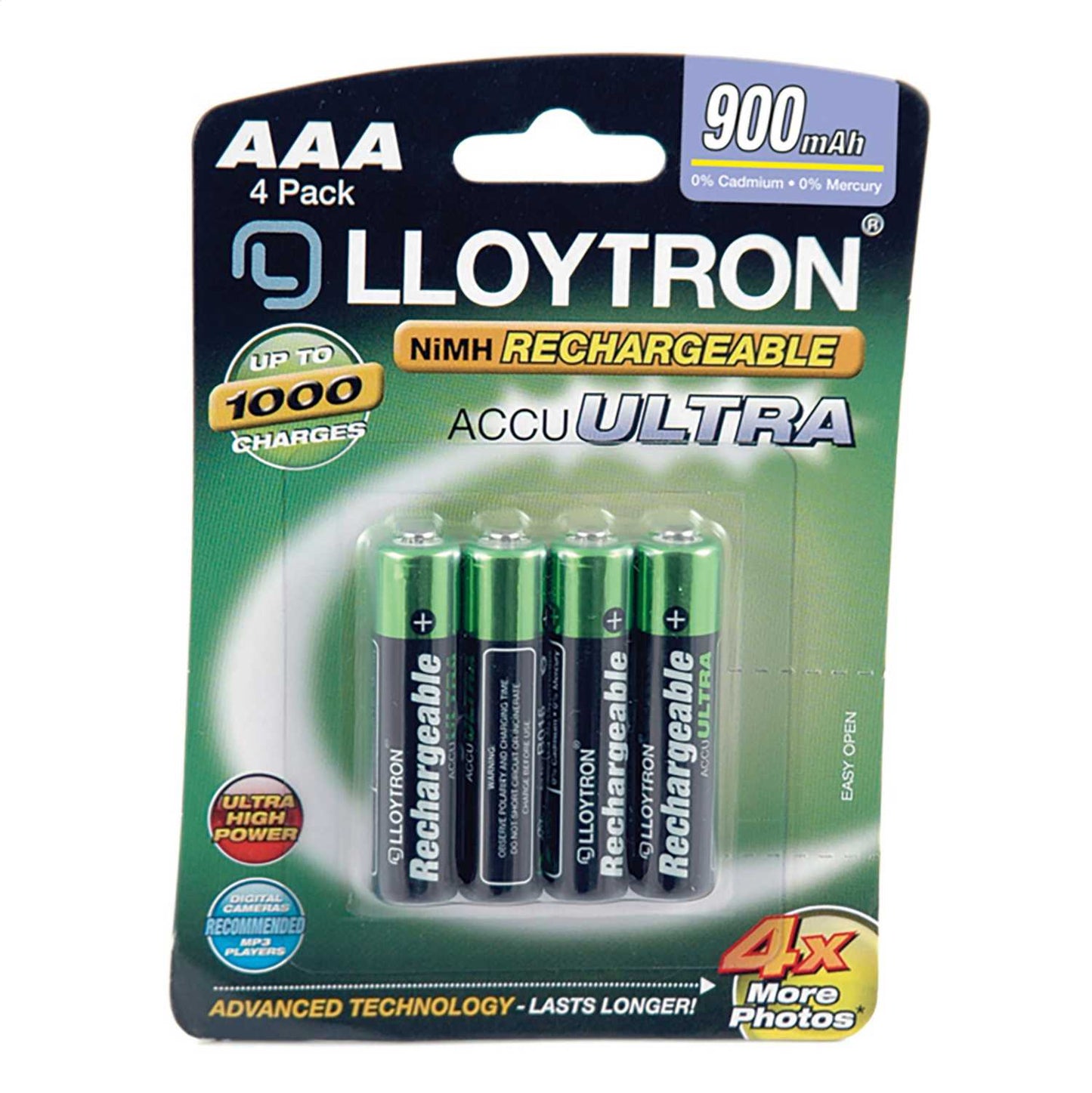 AAA 900MAH ULTRA RECHARGEABLE BATTERIES 4 PK